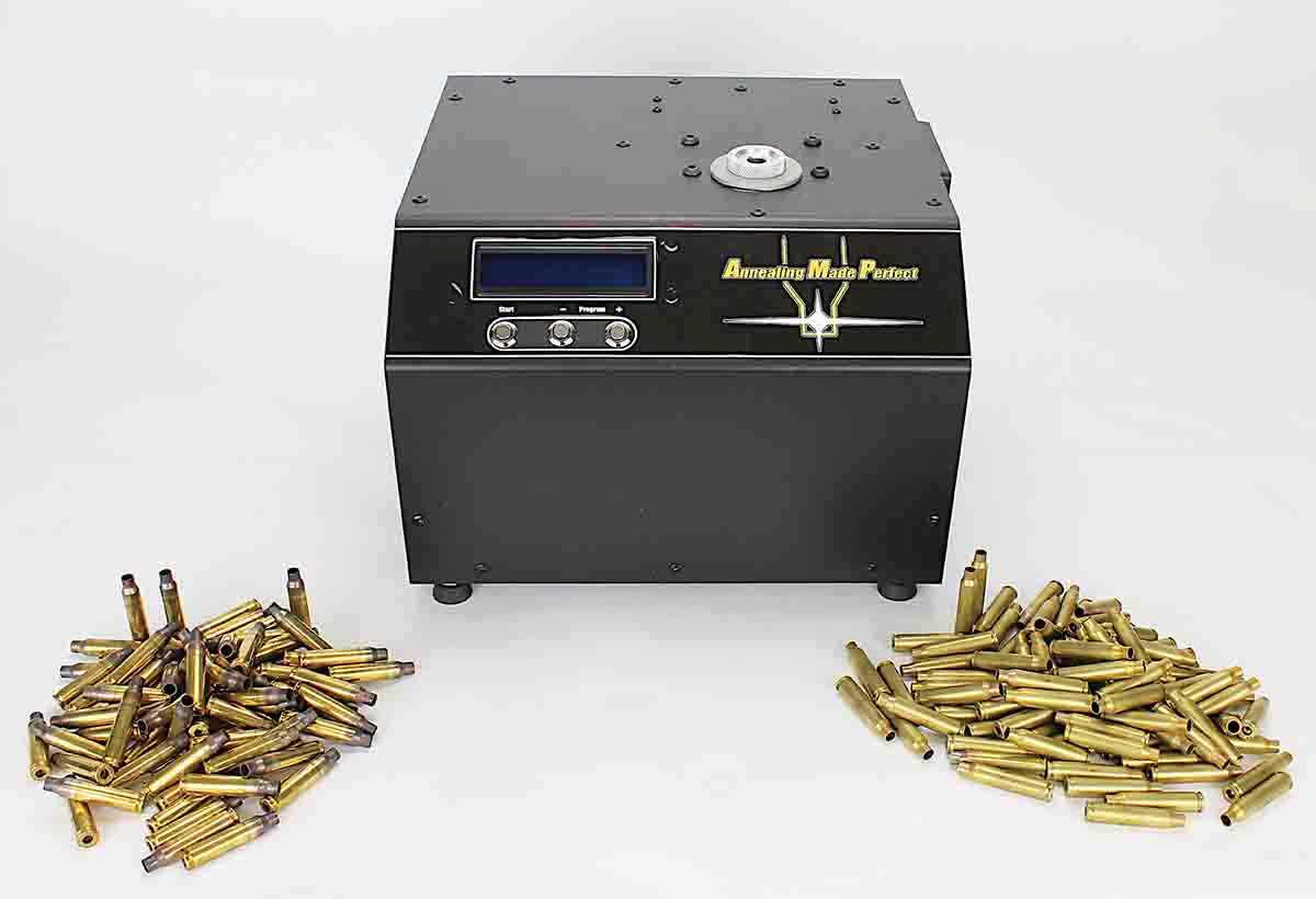 The AMP annealer utilizes computer-controlled induction heating to anneal brass.